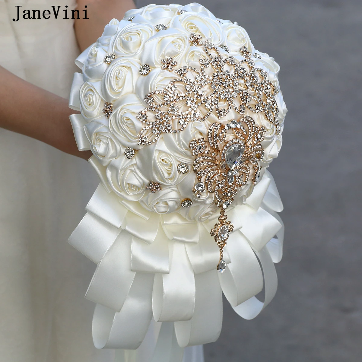 JaneVini Design New Waterfall Bridal Bouquets Artificial Satin Roses Luxury Rhinestones Wedding Bouquet Flowers Ramo Para Novia