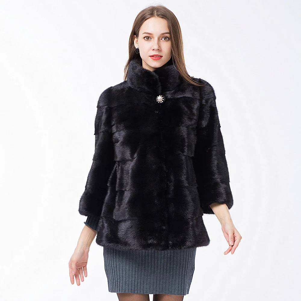 

2018 Russian New Natural Real Whole Mink Fur Coat 3/4 Sleeve Women Mink Fur Coats Stand Collar Jackets Outwear Real Fur Clothing