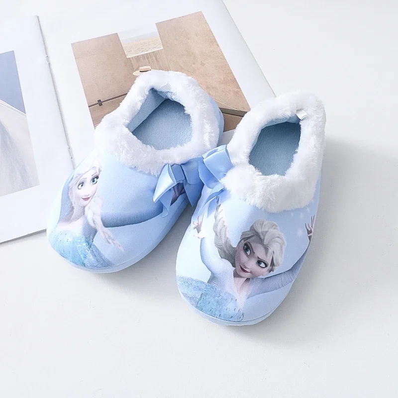 Disney Winter Children Cotton Slippers Baby Girl Cartoon Frozen Elsa Print Warm Princess Kids Indoor Soft Home Floor Shoes 26-31