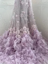 2024 Nuovo di Alta Qualità di Lusso 3D Piuma di Pizzo Lucido Paillettes Fatti A Mano Maglia di Pizzo di Tulle Tessuto Svizzero Sposa Festa di Nozze SewingX5489