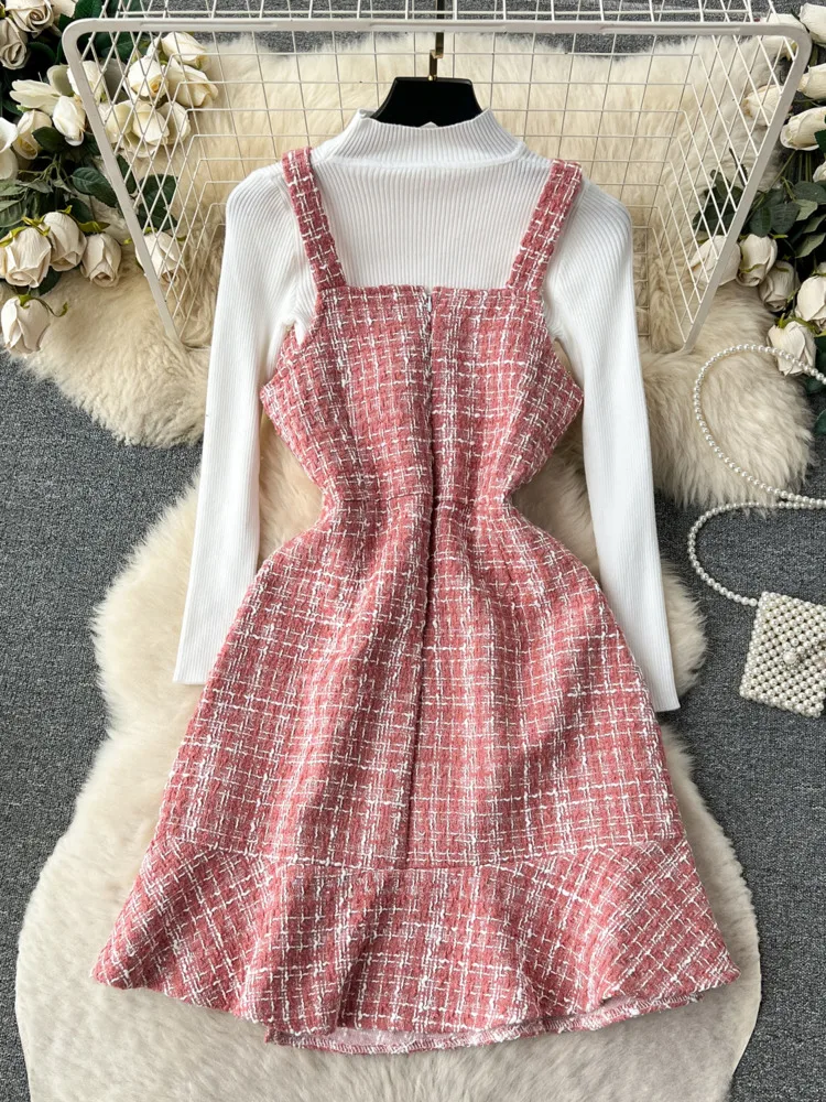 Autumn Korean Fashion Women\'s 2 Piece Sets Dress Suits White Stretch Sweater And Tweed Strap Mini Dresses Femme Outfits 2023