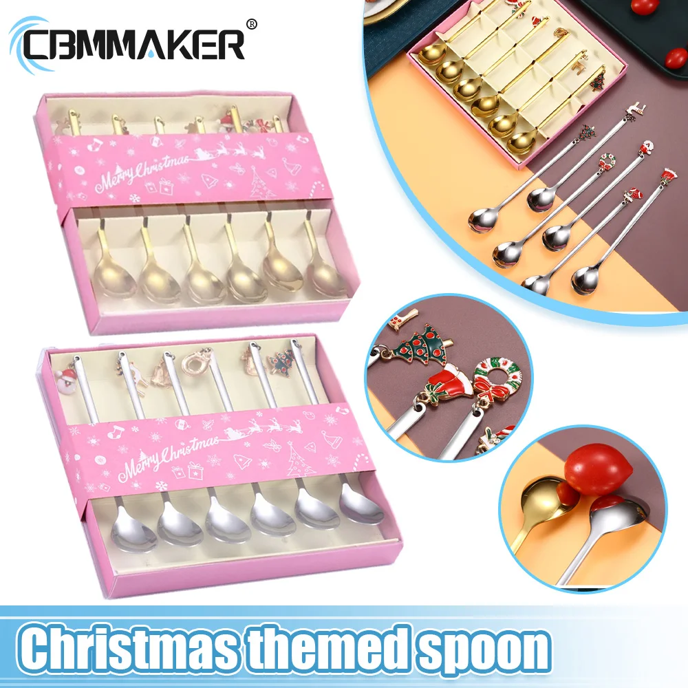 

6pcs Christmas Tableware Gift Box Stainless Steel Spoon Creative Cute Christmas Pendant Spoon for Coffee Dessert Christmas Gift