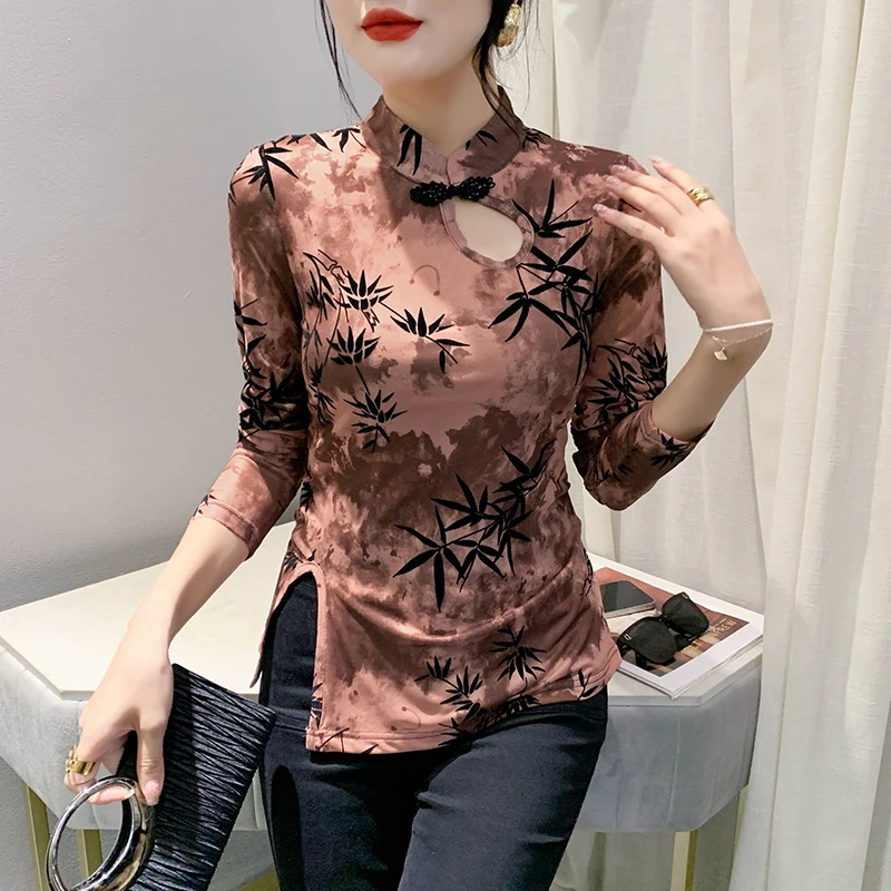 2023 Fall Winter Vintage Double Mesh T-Shirt Sexy Hollow Out Knot Button Beading Jacquard Weave Women Tops Long Sleeve Tees 3916