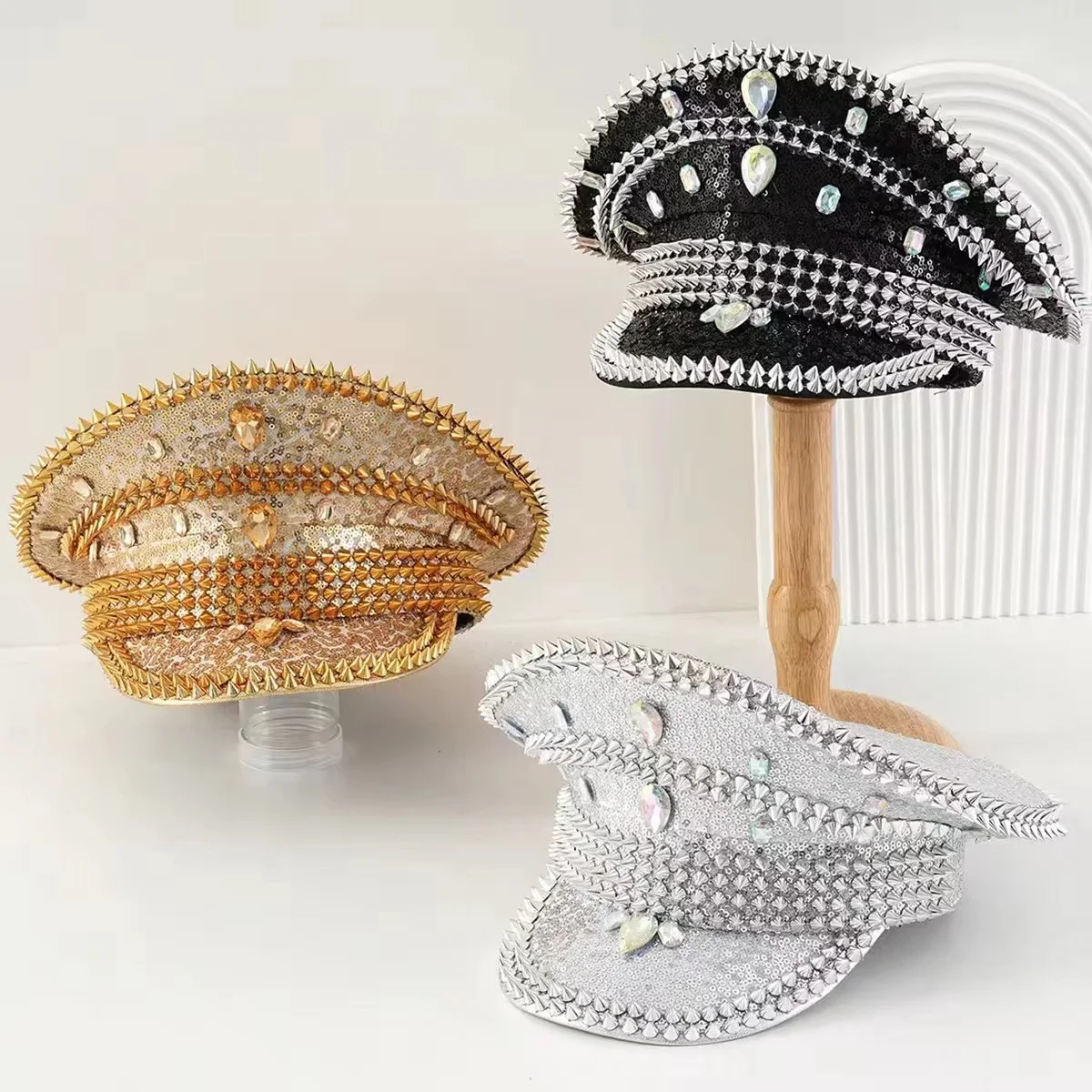 Rhinestone Captain Hat Women, Cosplay Cap, Luxury Festival Hats, Burning Man Halloween Anime Convention Costume Accessories