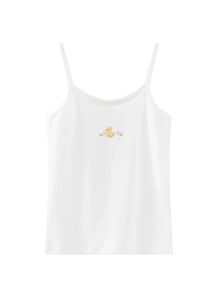 Women White Tank Tops 2024 Fashion Summer Ladies Sweet Casual Cotton Embroidery Camis Female Graphic Cute Duck Crop Tops