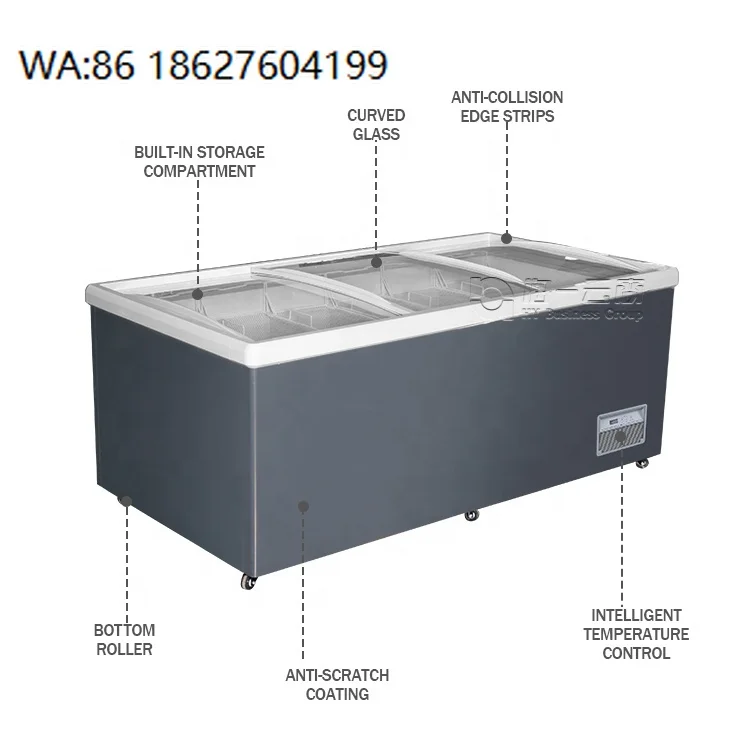 Congelador Horizontal Comercial com Porta de Vidro para Supermercados, Freezer Vertical para Armazenamento de Alimentos Congelados