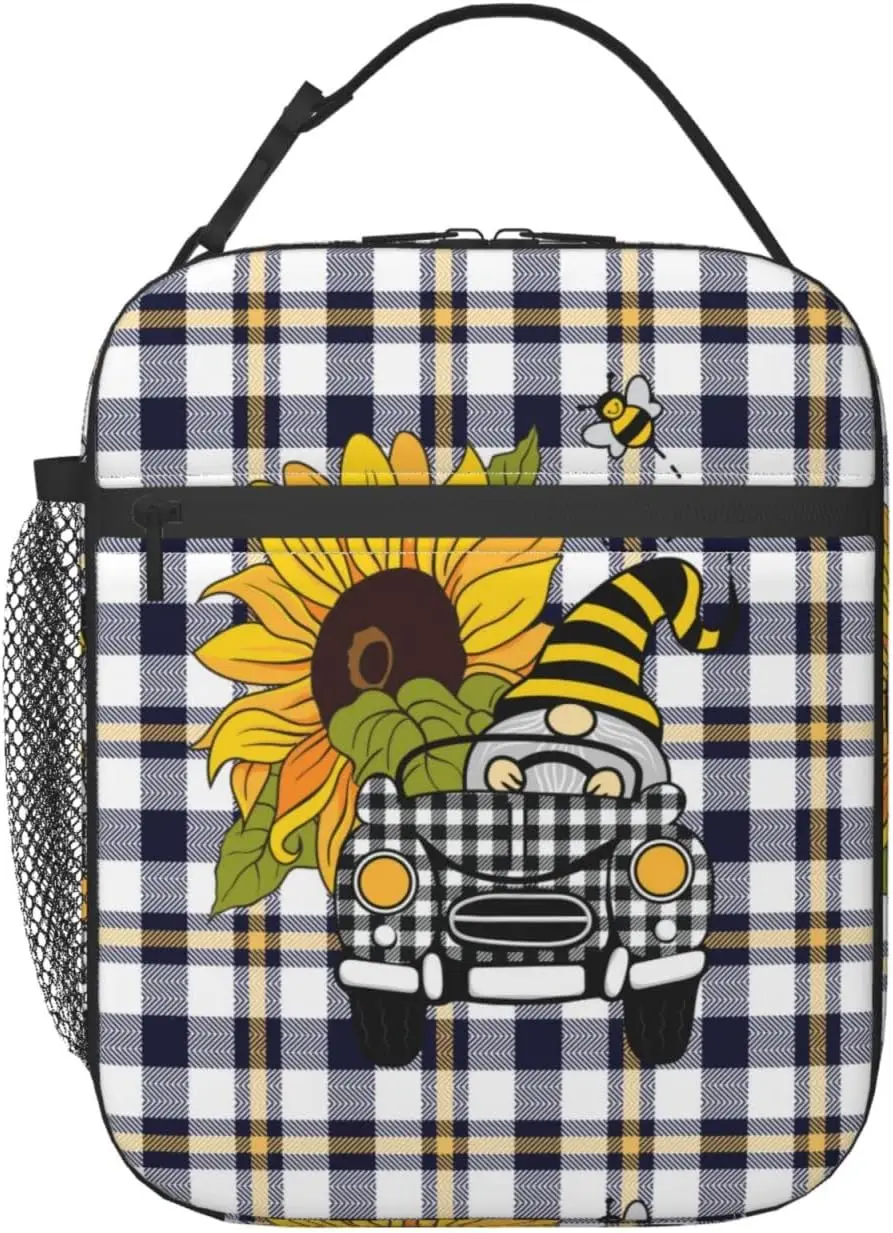 Funny Summer Gnome Driving Car and Sunflower Lunch Bag Plaid Pattern Lunch Box Insulated Meal Bag Food Container for School Work