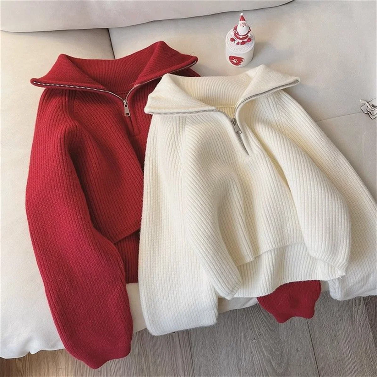 Women Knitted Turtleneck Sweater Fashion Solid Zip Long Sleeve Tops Autumn Winter New Vintage Pullover Top Casual Outfit Clothes