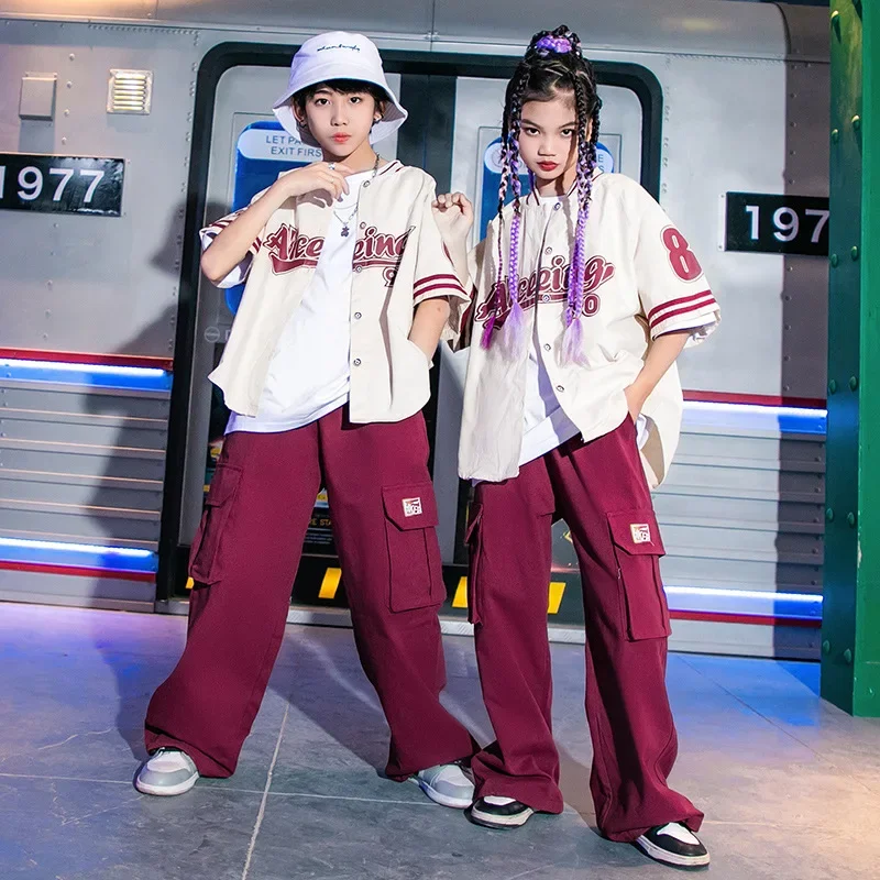 

Kpop Clothes Performance Outfit Kids Hip Hop Clothing Girl Letter Print Jacket Baseball Uniform Burgundy Casual Jogger Pant