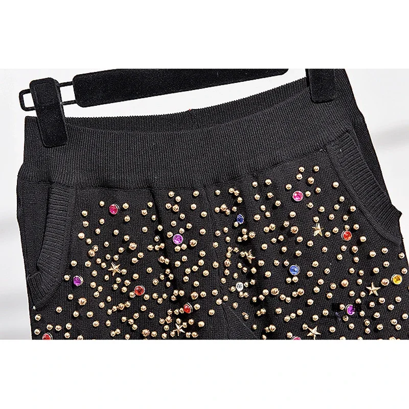 

Черный вязаный спортивный костюм, женская одежда, свободный повседневный тяжелый рабочий пуловер с бриллиантами и кисточками, свитер, брюки-карандаш, женский комплект