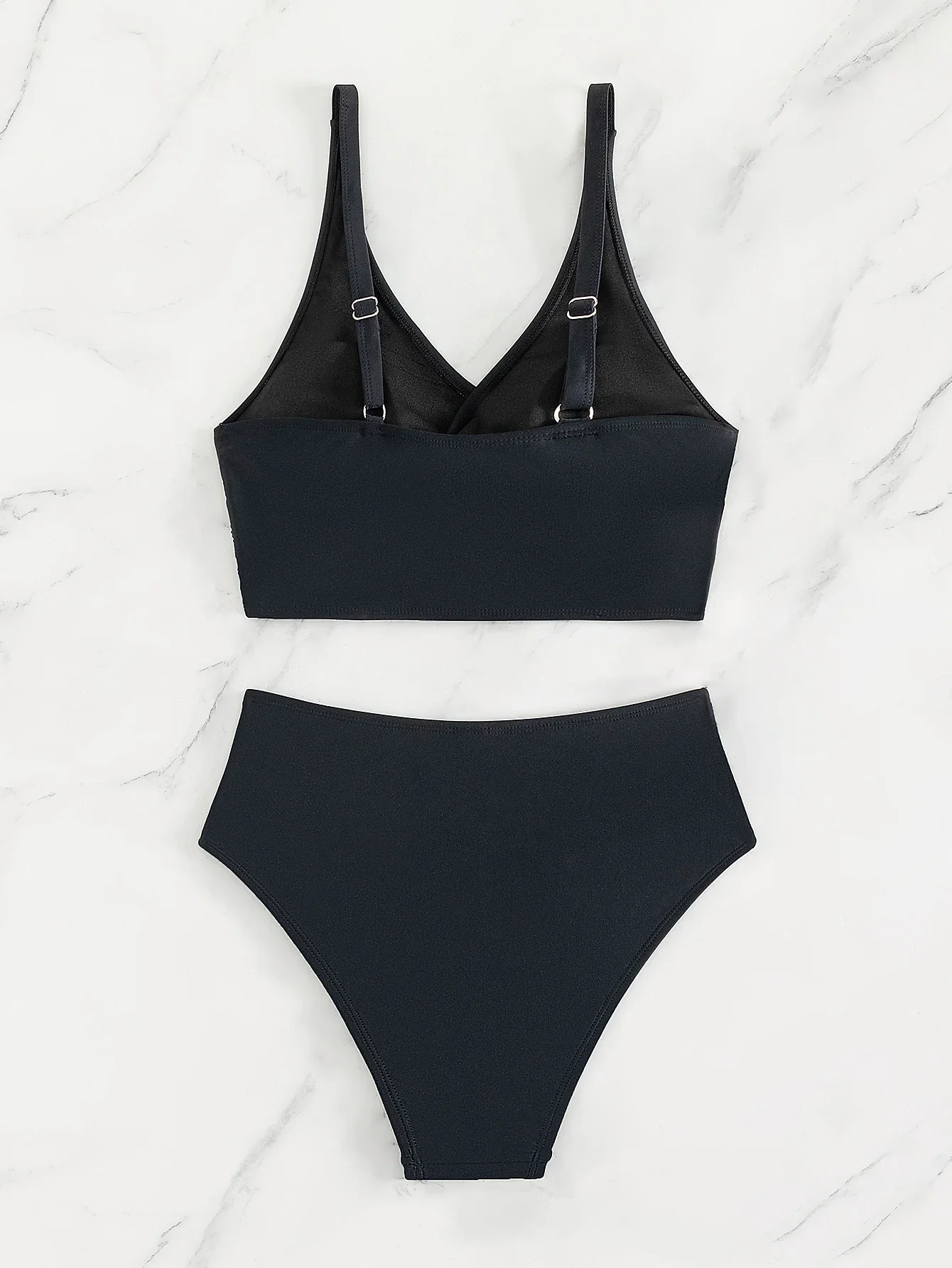 Conjunto de biquíni preto gola V feminino, roupa de banho de cintura alta, maiô praia sem costas, maiô, verão, 2 peças