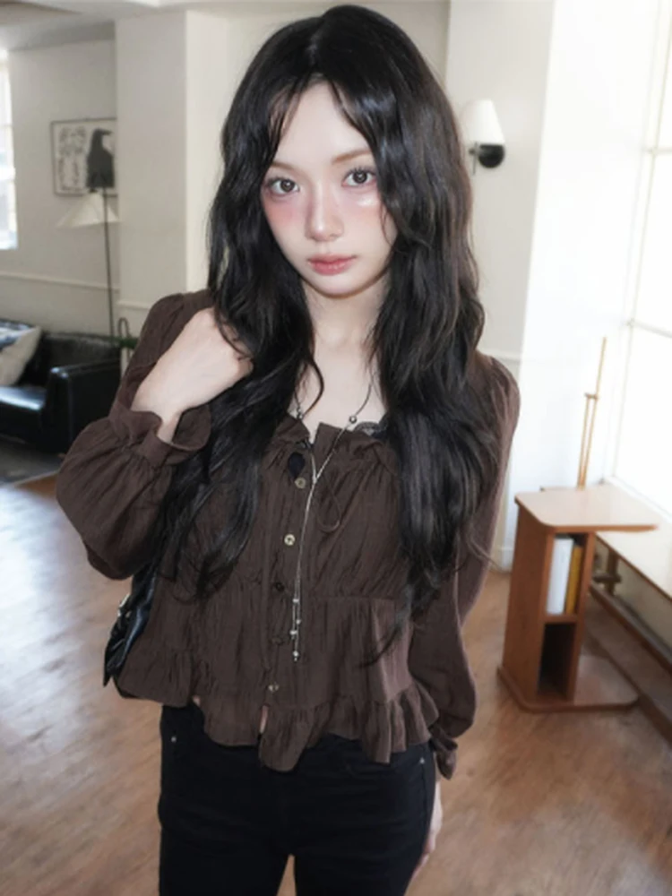 

Sweet Youthful Short Sleeveless Korean Style Women's Shirt with Belt And Wood Grain Slimming Thin Fabric Long Sleeve Car...