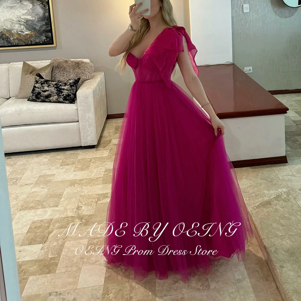 OEING Fuchsia Elegant Tulle Prom Gowns For Women Evening Dresses A-Line Sexy One Shoulder V Neck 2025 Formal Occasion Gala