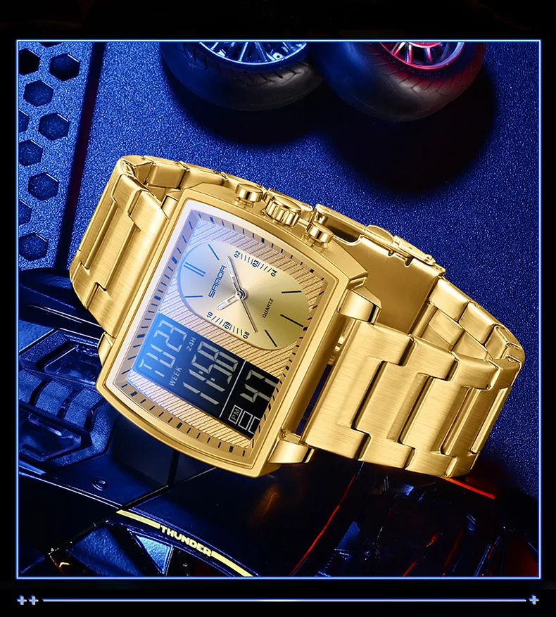 SANDA 6238 Мужские кварцевые часы Модный тренд Ремешок из нержавеющей стали Многофункциональные часы с двойным дисплеем