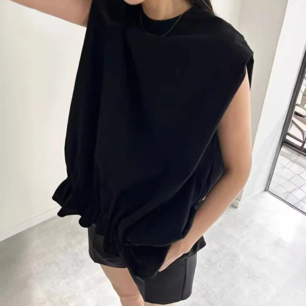 Kuzuwata Solid All-match O Neck Sleeveless Loose Crop Top Slim Fit Broad Shoulder Fungus Blusas Japan Moda New Drawstring Shirt