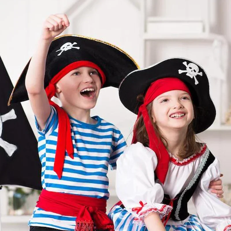 Chapeau de Pirate noir et rouge, accesorios de disfraz de capitaine de pirata, casquette de crâne imprimé