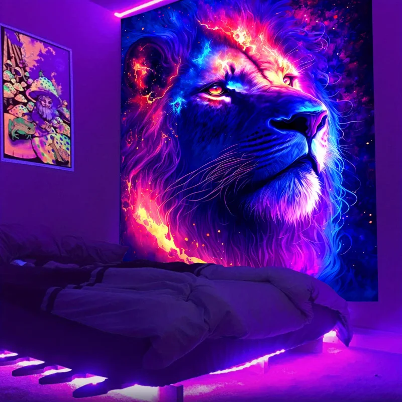 VIKAMA Fluorescent Neon Lion Tapestry Black Light Party Decoration Esports Room Atmosphere Background Tapestry