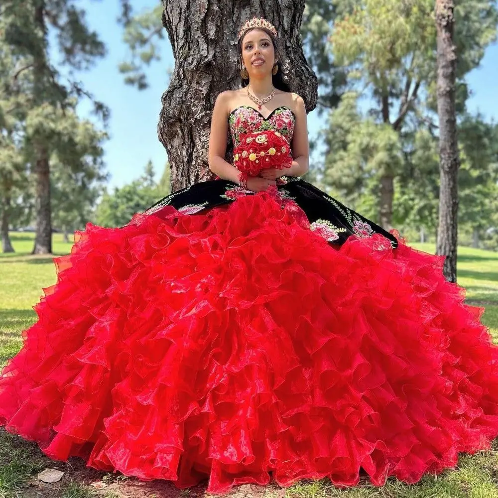 Customized Red Ball Gown Quinceanera Dress 3D Flowers Applique Cascading Ruffles Sweet 16 Corset Vestidos De 15 Años YQD643