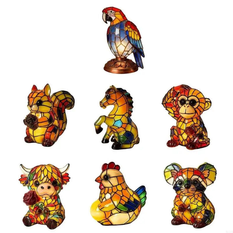 Animal LED Night Light Figurine with Color-Panel Finish, Resin Tabletop Accent Lamp for Bedroom and Desk Decor M4YD