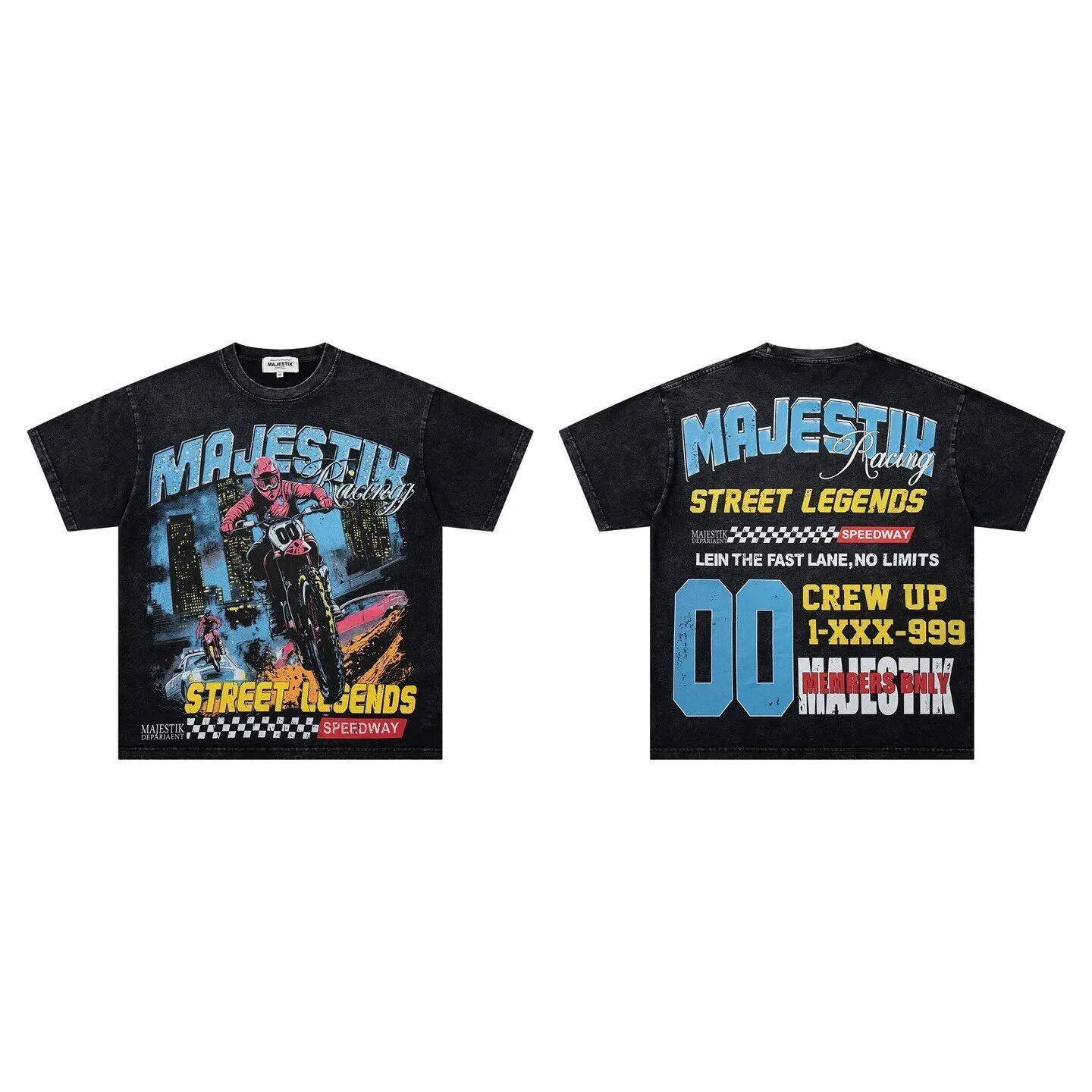 MAJESTIK American Retro Racing Print Beaded Short-Sleeved T-Shirt - Loose Fit Vintage Distressed Men's and Women's Top Trendy