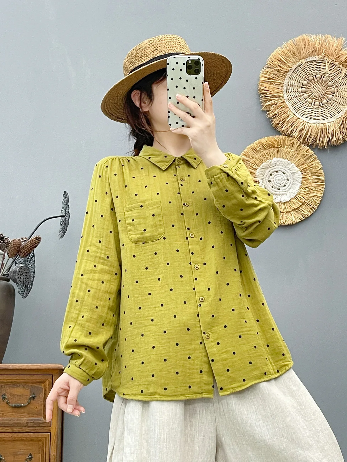 

Enianechu Chic Women Blouse Korean Fashion Autumn Pure Cotton Gray Polka Dot Shirts Long Sleeve Blouses Ladies Clothes