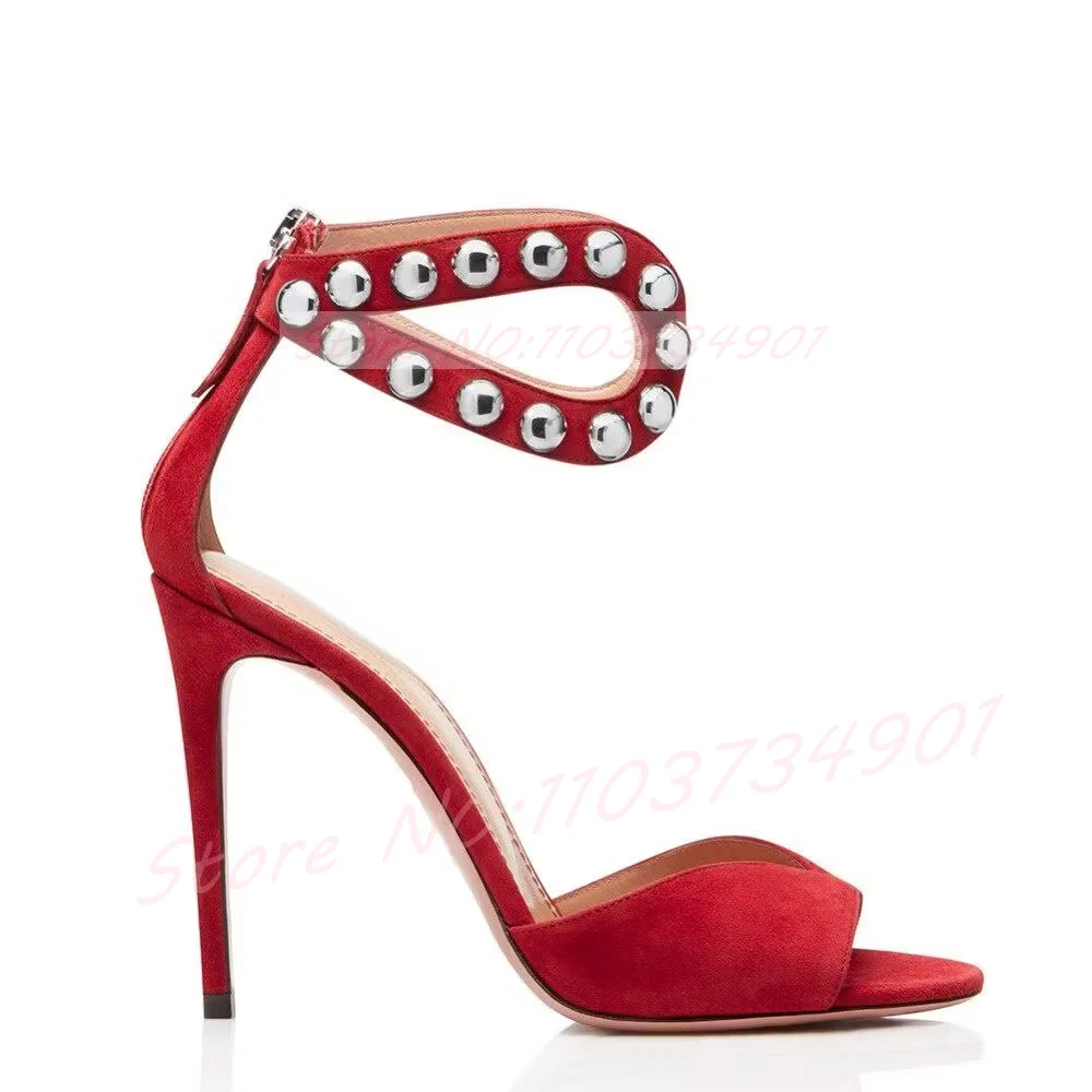 Metal Studs Ankle Strap Red Flock Sandals Women Sexy Open Toe Zipper High Heels Sandals Dress Stiletto Heels Size 47