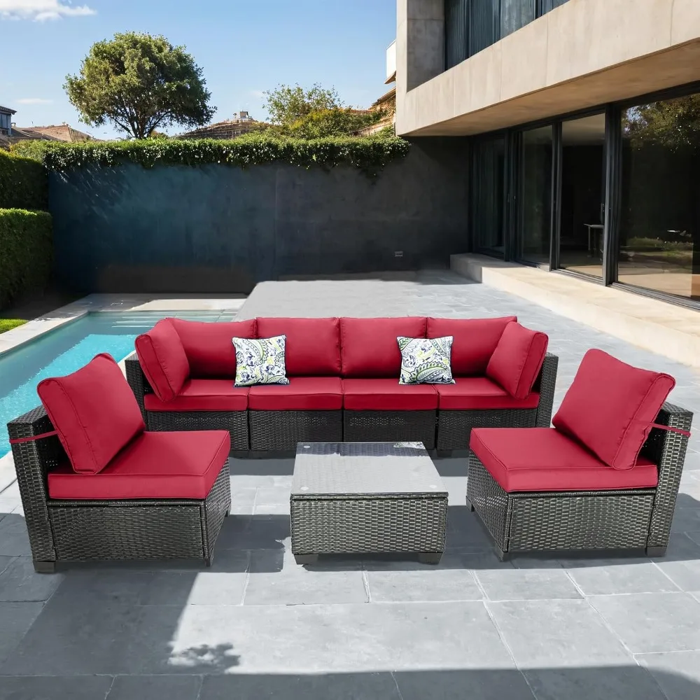 

7 Piece Patio Furniture Set, All-Weather Wicker Outdoor Conversation Set with Sectional Sofa, Rattan PE Wicker Seating