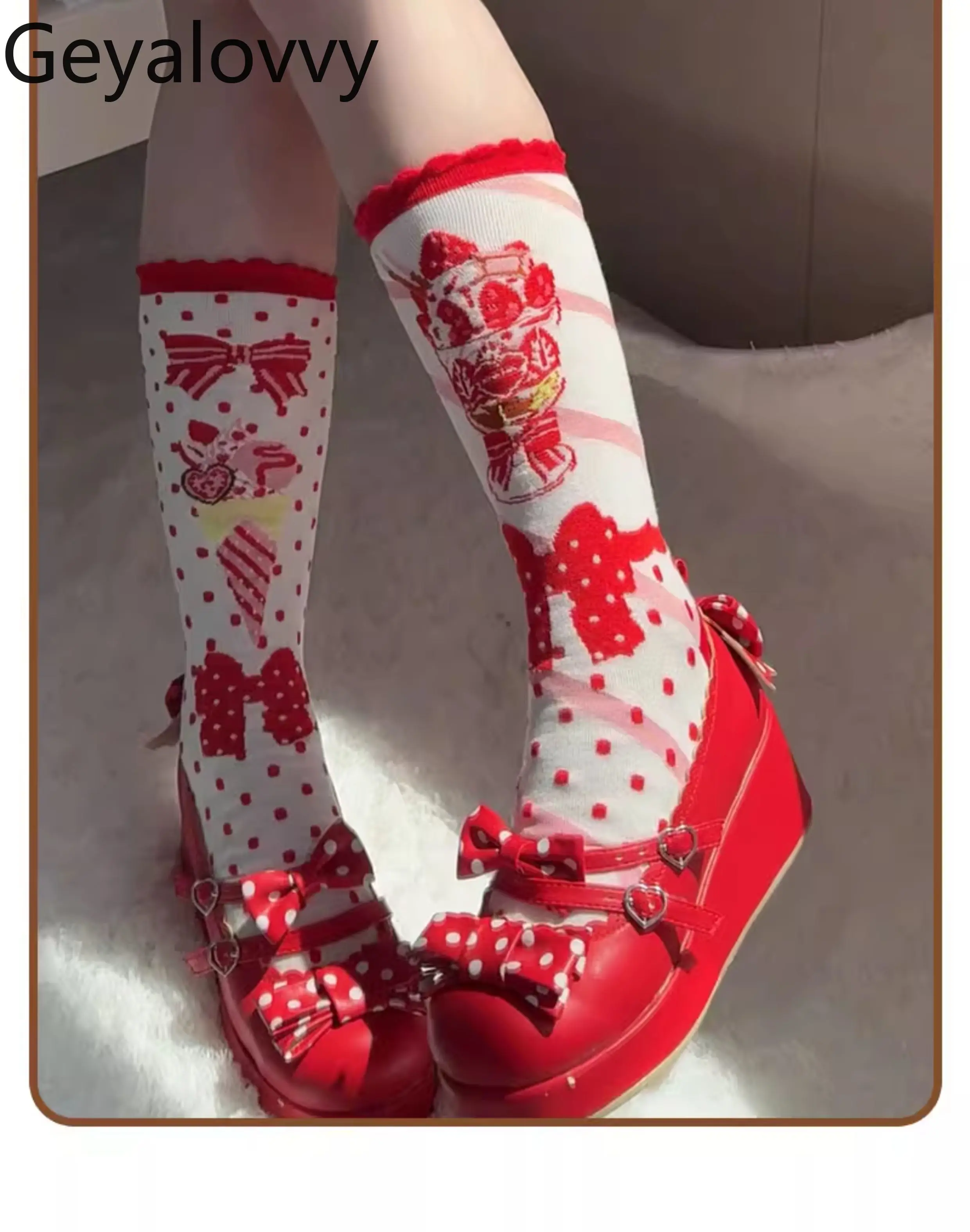 

Original Strawberry Print Sweet Cute Girls Long Socks Bow Polka Dot Lolita Lace Socks Medium Tube Sock Women's Japanese Sockings