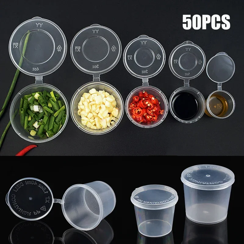 50pcs Disposable Sauce Containers Package Box&Lid Clear Portable Plastic Takeaway Sauce Cup Containers Food Box With Hinged Lids