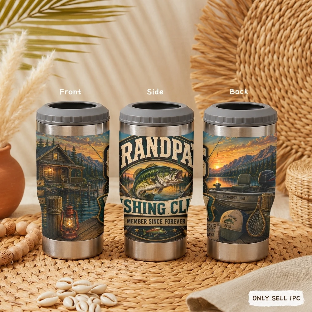 Reel Cool Grandpa Vacuum Flasks 4-in-1 Stainless Steel Can Cooler Insulated Beer Soda Coffee Holder Dual Lids Fits 12oz - view 3