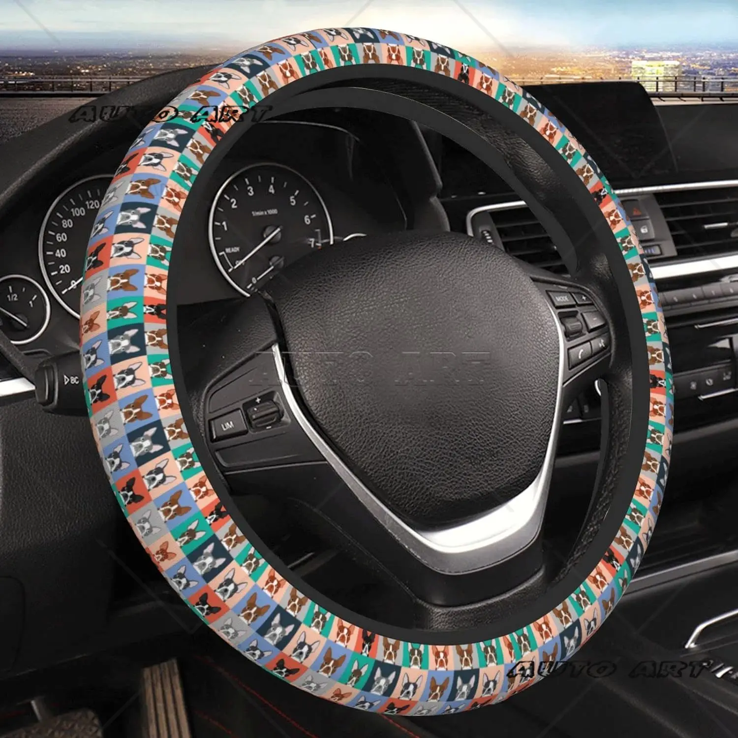 Boston Terrier Dog Steering Wheel Cover 15 inch Universal Car Steering Wheel Accessories Breathable Steering Wheel Protector