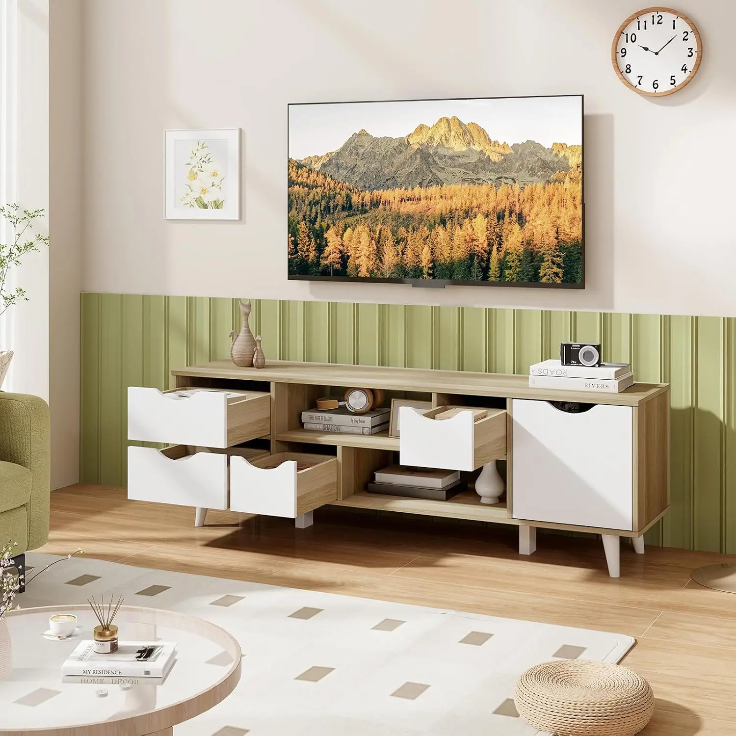 Mid Century TV Stand with 4 Drawers Cabinet Adjustable Shelf 2 Compartments Media Console for Bedroom, Customized