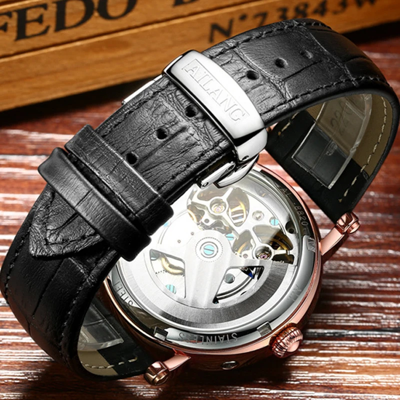 AILANG Luxury Double Tourbillon Mechanical Watches Mens Rose Gold Case Leather Waterproof Luminous Fashion Automatic Watch