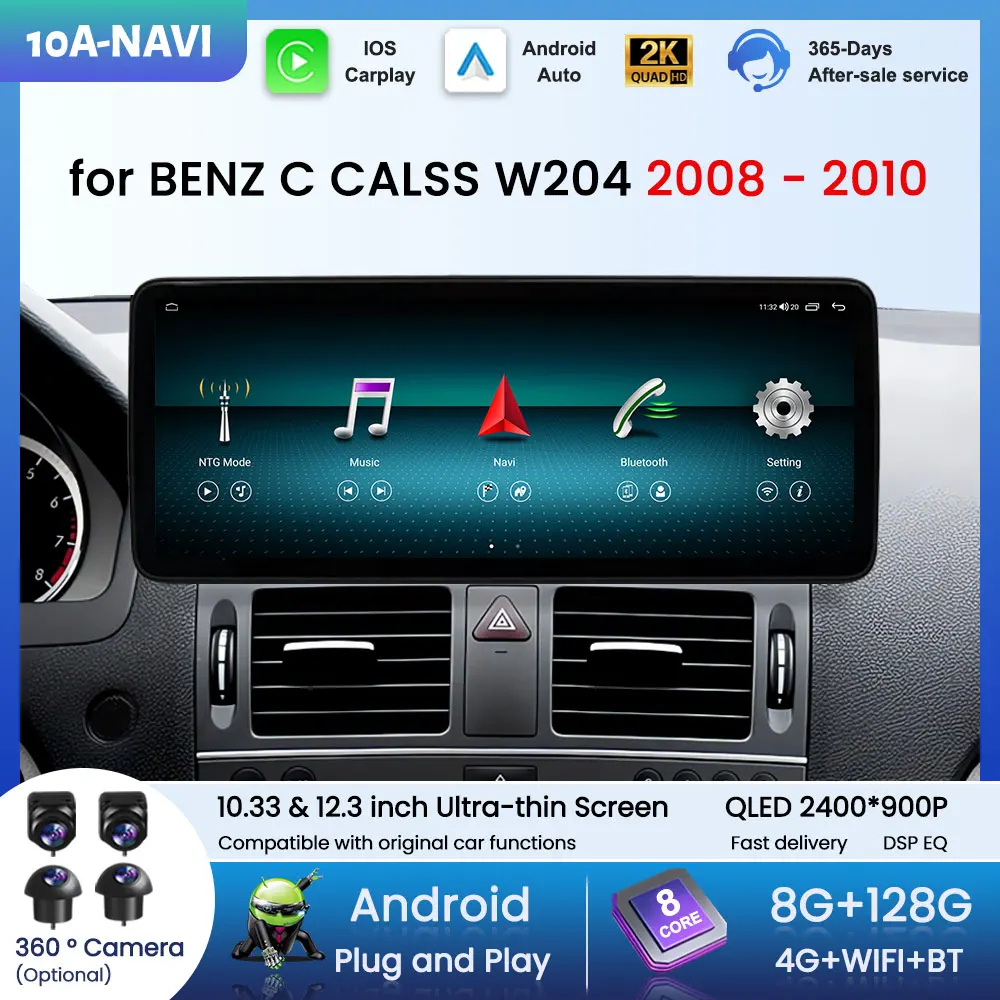 Android 16 GPS for Benz C Class W204 2008 2009 - 2010 BT Ultra-thin Screen Car Multimedia Video Player Carplay Auto Accessories