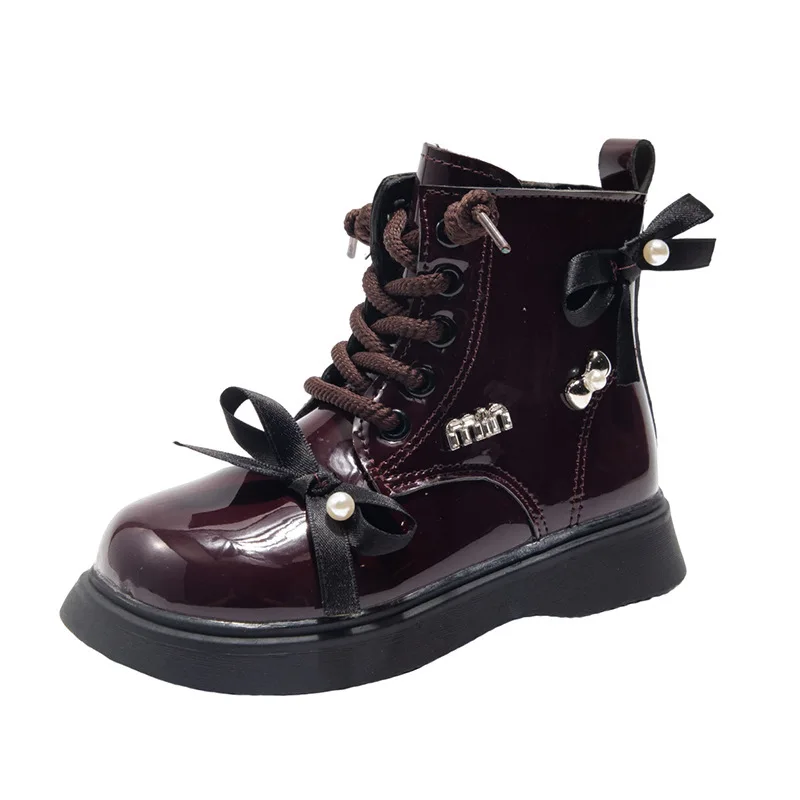 

Зимние детские милые блестящие кожаные ботинки с бантом для маленьких девочек, теплые ботильоны на флисовой подкладке для детей, принцессы для малышей