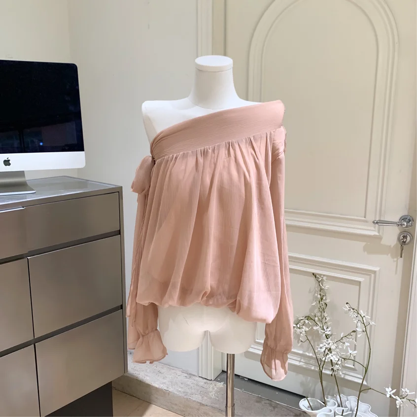 

Korean Style One Shoulder Strap Shirt Tops for Women in Autumn 2025 New Slim Blouse Bowknot Tops Female