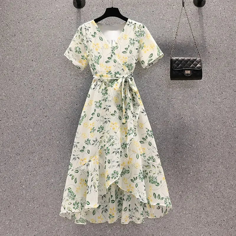 Französisches Chiffonkleid mit Blumendruck, Übergröße, schlankmachendes Midikleid in A-Linie, lässig, elegant