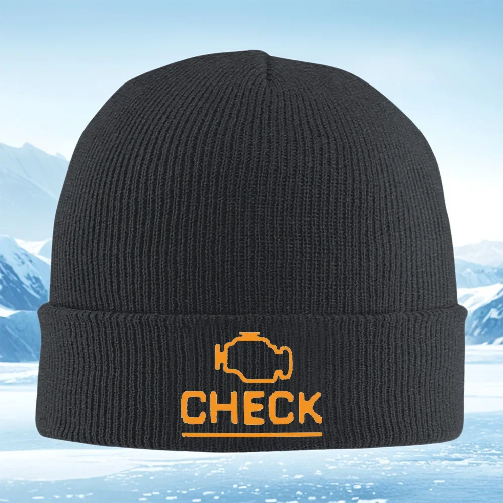 2026 Engine check word,orange outline black Men Women Unisex Knitted Hat Beanie Pullover Cap Winter Thermal Warm Christmas Outdo