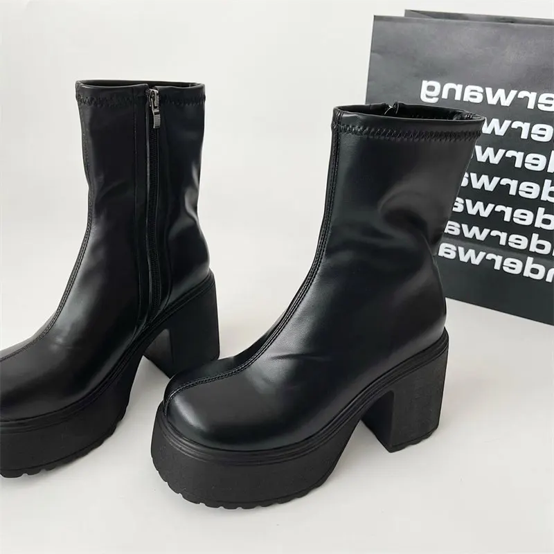 Punk Style Mid-Calf Boots Women 2024 new Black PU Leather Platform Western Boots Woman Fashion Round Head Thick Heels Boots