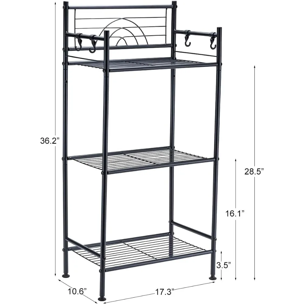 3-Tier Free Standing Wire Rack Durable Metal Shelving Storage Unit With Adjustable Feet 4-Hook Shelf Bathroom Home Organization