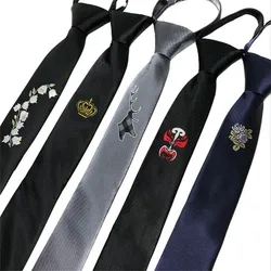 Men's Embroidered Tie Zipper Lazy 5CM Easy to Pull Marriage Personality Logo Narrow Necktie 5cm Crown Animal Letter Floral