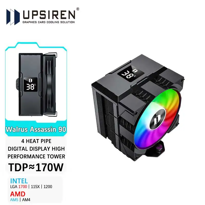 UPSIREN Walrus Assassin 90 Cyfrowy wyświetlacz 4 Heatpipe CPU Cooler 92mm Wentylator chłodzący Radiator Chłodnica powietrza Do LGA1700/1200 AM4 AM5