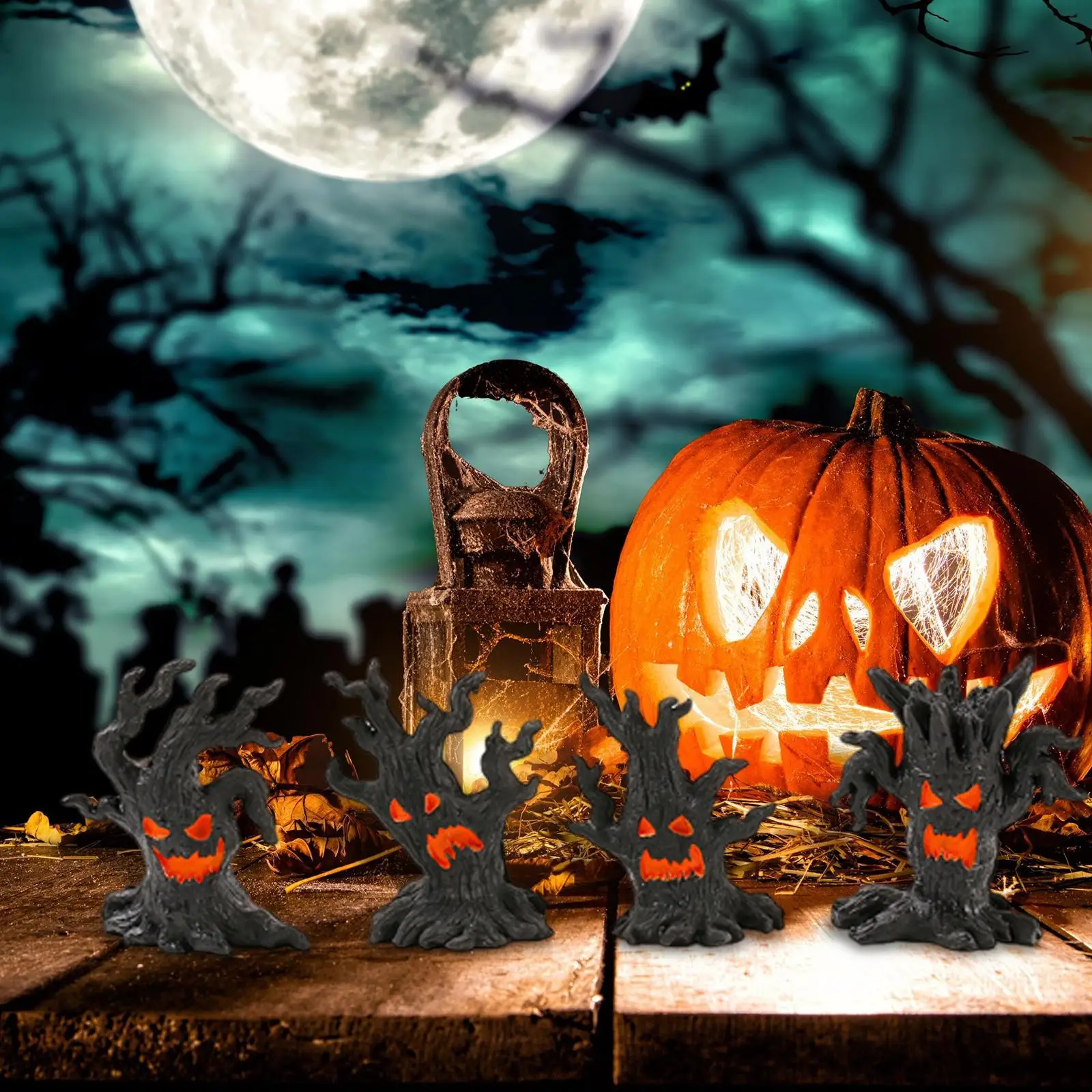 4 Pieces Halloween Decoration Halloween Tree Creative Resin Ghosts Cute Ornaments Spooky Tree for Patio Shelf Tabletop Porch