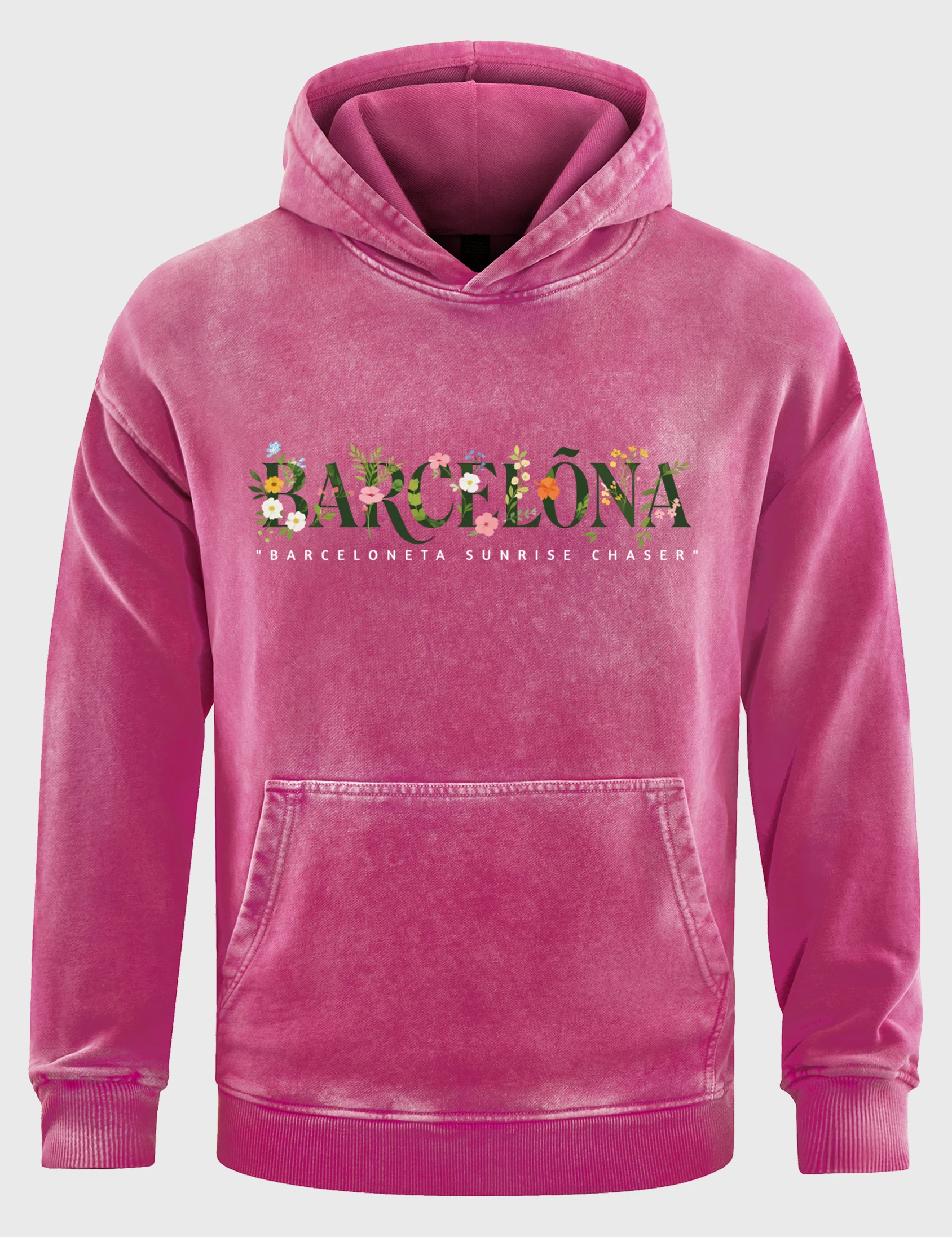 Barcelona Barceloneta Letter Print Male Washed Hoodie All-Match Loose Hoody Cotton Soft Long Sleeve Unisex Casual Pocket Top