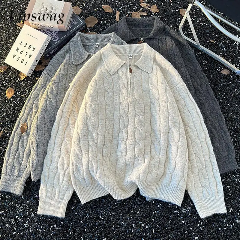 

Autumn Winter Daily Casual Mens Sweater Vintage Polo Neck Knitted Jumper Tops Men Clothes Stylish Twist Jacquard Knit Polo Shirt