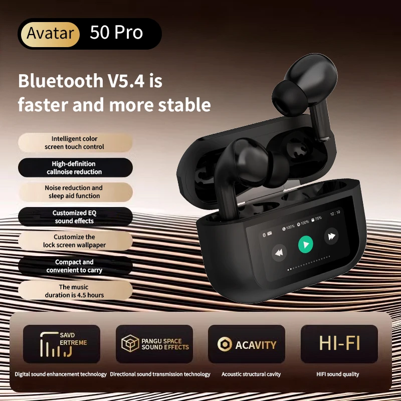 50Pro ANC Wireless Bluetooth 5.4 Earphones Noise Reduction Call Headphones Waterproof Sports Gaming Driving Touch Screen Headset