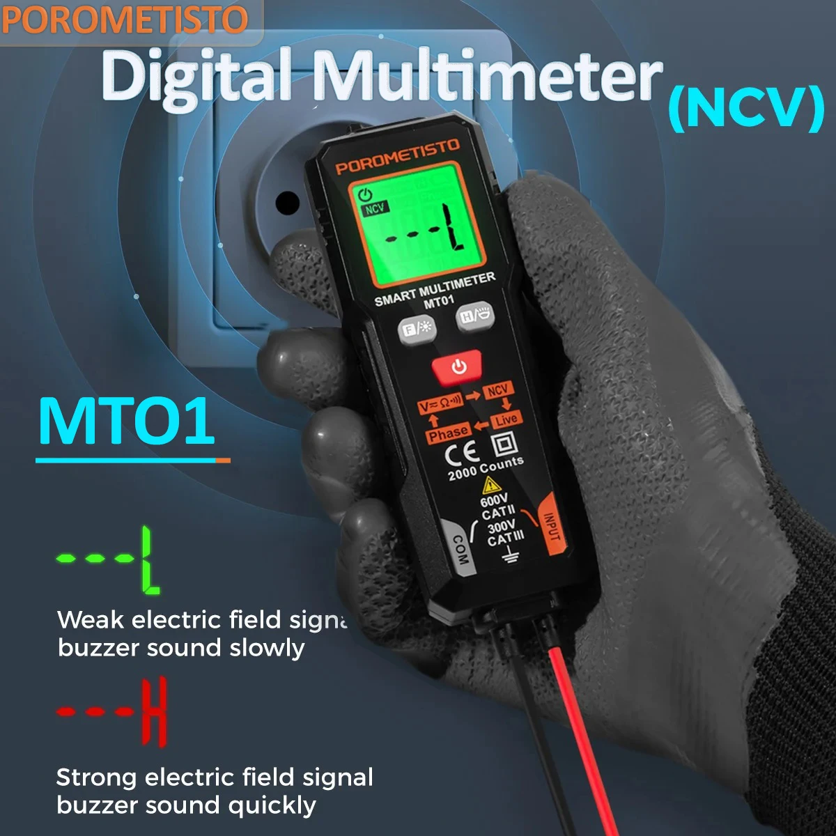 POROMETISTO MT01 Digital Multimeter Voltage Tester 2000 Count AC/DC Voltmeter True RMS NCV Phase Test Auto Ranging Multimeter