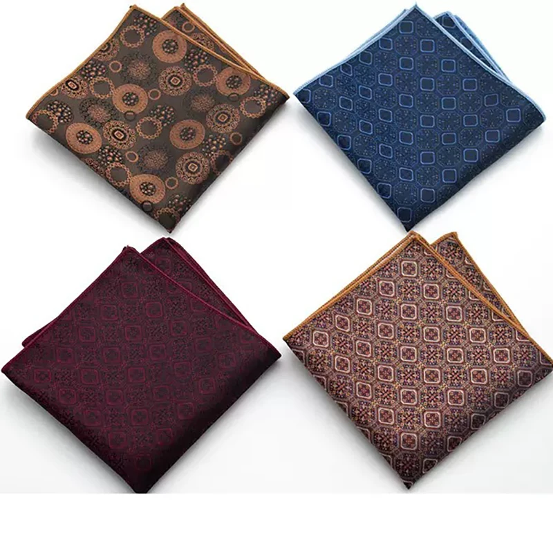 23CM Fashion Men's Pocket Square Polyester Floral Handkerchief Formal Business Brown Red Block Hanky Wedding Groom Suit Cravat
