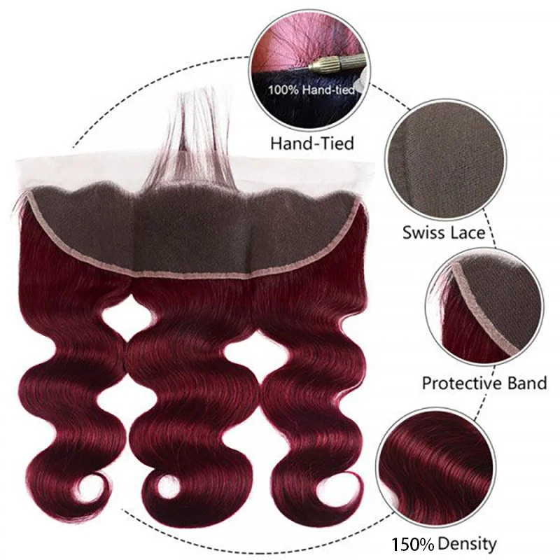 Frontal 13x4 Lace Human Hair Bundles Body Wave #99J Brazilian 100% Real Human Hair Bundles With Closure Extensions 22 24 26 Inch