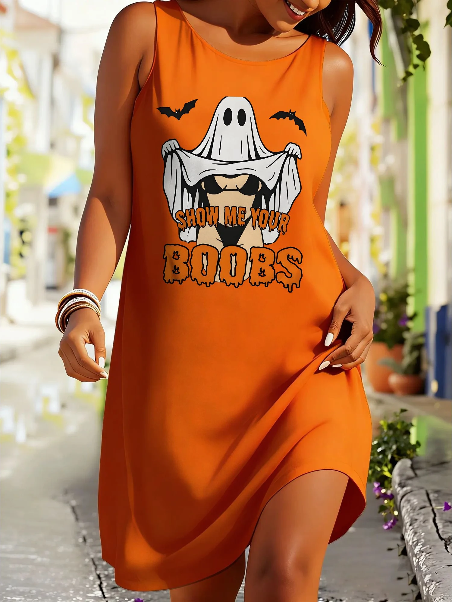 Plus Size Womens Elegant Casual Dress - show me your boobs, Halloween Ghost Print Fashion Sleeveless Crew Neck Dress - Perfect For Summer Vacation & Great Gift